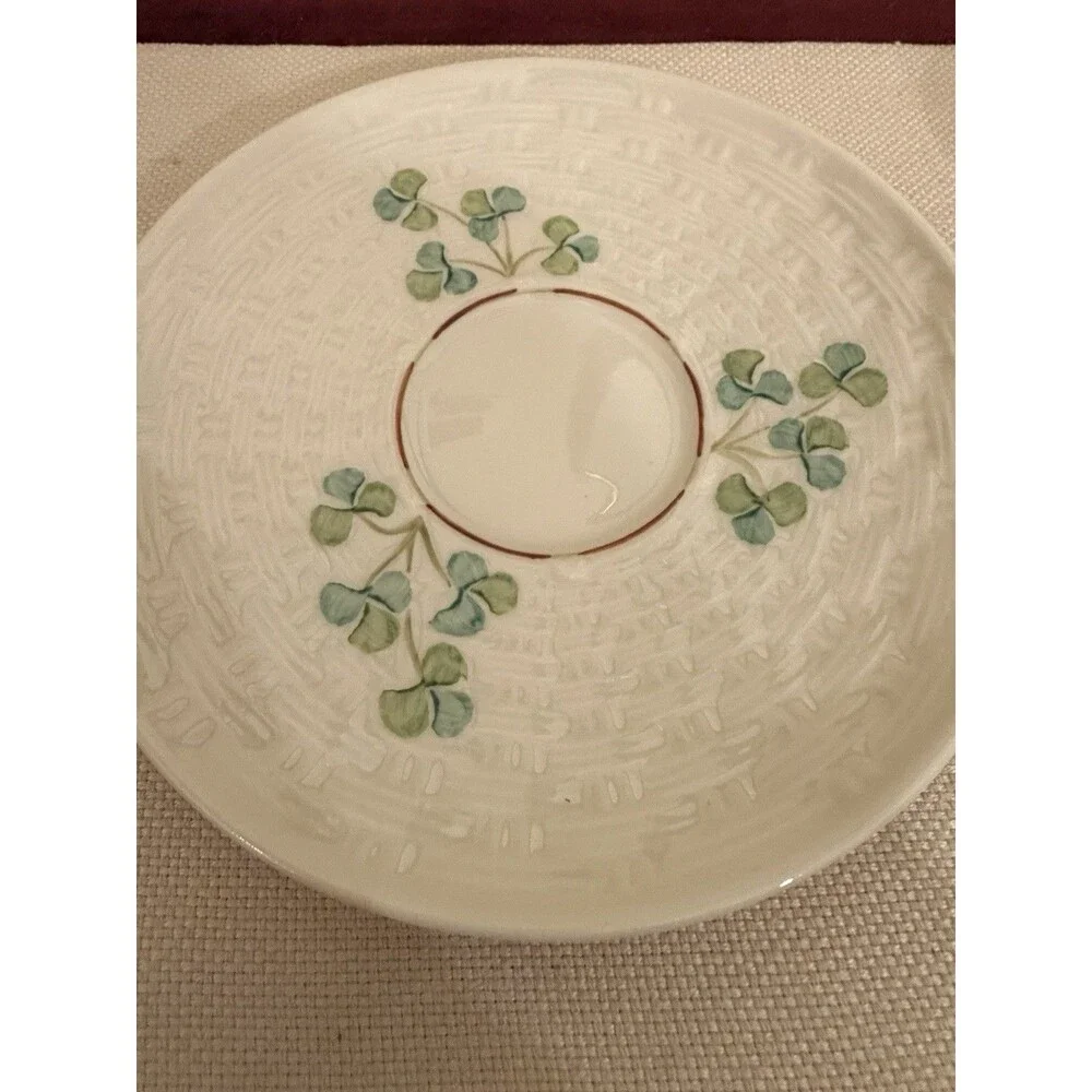 VTG Belleek Shamrock Teacup & Saucer Set w/Basketweave 6th Green Mark 1965-1980